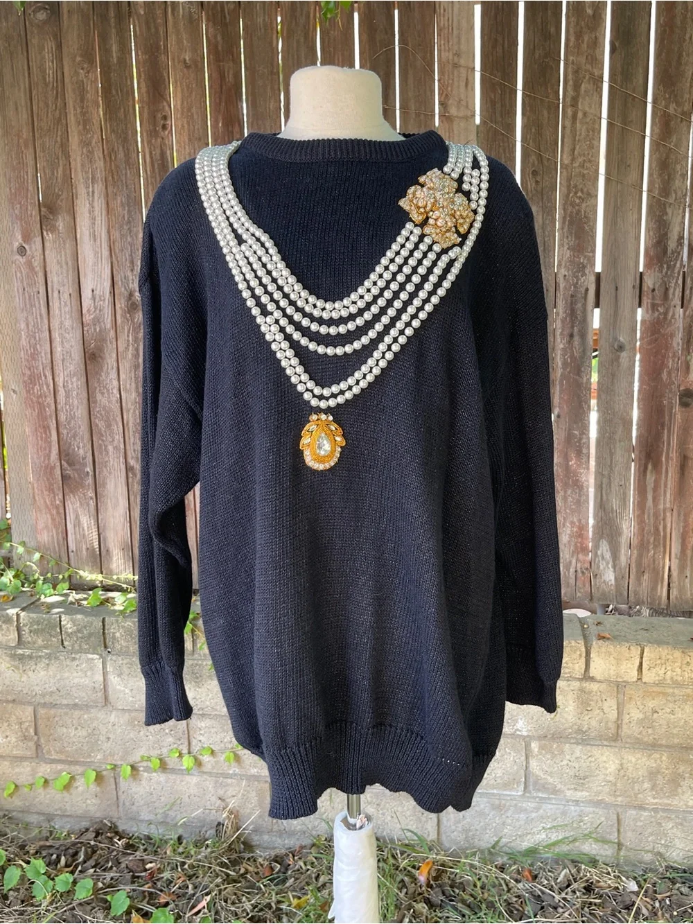 Bonnie Boerer Vintage 1980s Lurex Blue knit sweater trompe-l’œil necklace design